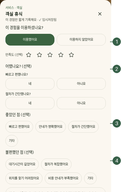 STEP 10. 경험 평가 및 기록 · 서비스 이용 여부 · 별점 · 좋았던 점 · 불편했던 점 실제 화면 · 번호 1 → 2 → 3 → 4