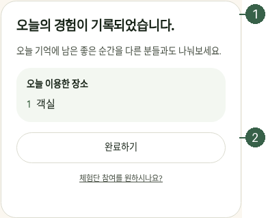 STEP 09. 최종 제출 · 오늘의 경험이 기록되었습니다. · 완료하기 실제 화면 · 번호 1 → 2